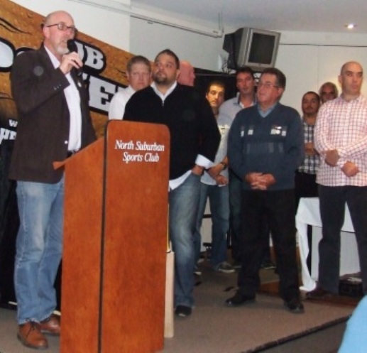 Almost a cricket team.... Kevin Gardiner is joined on the stage by other life members (from left) Darren Nagle, Sandro Capocchi, Peter Gardiner, Jim Polonidis, Jim McKenzie, Ray Storey, Danny Terzini, Charlie Walker and John Talone.