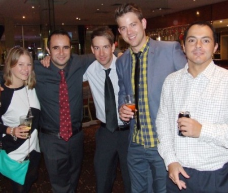 Enjoying the after-party: From left - Nicole Stephenson with Murray Walker; and Ben and Matt Thomas and Sixths Premiership captain Danny Terzini.