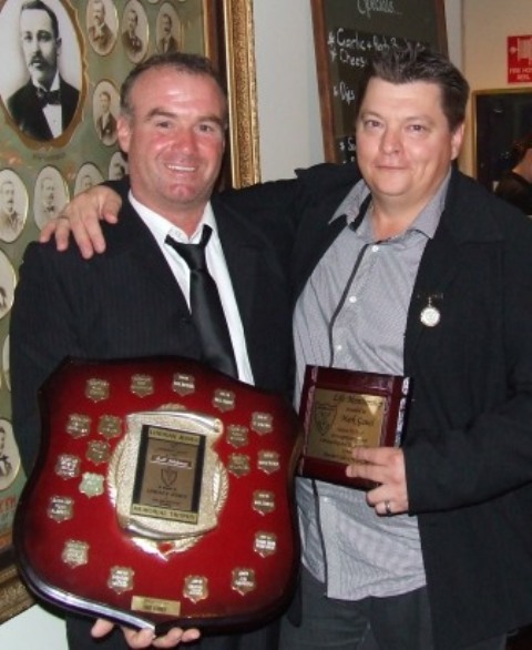 Recipients of the MVCC's highest honors: Sean O'Kane (left) with his Lindsay Jones Best Clubman shield, and Mark Gauci with his Life Membership plaque.