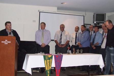 New Life Member Mark Gauci speaks, and other Life Members listen. L-R Mark Gauci, Darren Nagle, Charlie Walker, John Talone, Sandro Capocchi, Kevin Gardiner, Jim Polonidis, Michael Harvey, Danny Terzini and Ian Denny.