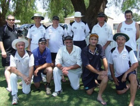 Our team for Game 2, againt Albion Park from NSW. L-R: Back - Daniel Phillips, Neil King, Mark Gauci, our young sub fielder Kris Garland, Chris Albert and Tony Gleeson. Front - Sean O'Kane, Jason Brooks, Charlie Walker, Ranji Oliver and Dean Jukic.