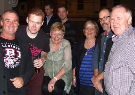 The upstairs verandah at the Union Hotel proved popular for the gathering: Jesse Nankivell-Sandor and Matt Thomas are behind (L-r) Sean O'Kane, Kris Garland and his mum Janette, Sandra and Alan Thomas and John Garland.