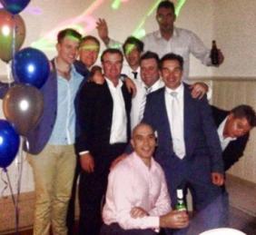 Moonee Valley boys celebrate at James Holt's wedding. L-R Matt Thomas, Darren Nagle, Sean O'Kane, Ben Thomas, John Talone (front), James Holt, Jim McKenzie (back), Dean Jukic and Mark Gauci.