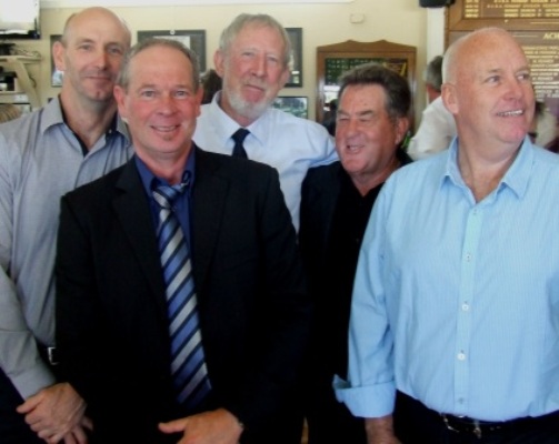 Some of the MVCC greats at the gathering: L-R: Michael Harvey, Greg Peters, Doug McLaggan, Ray Storey and Warwick Nolan. 