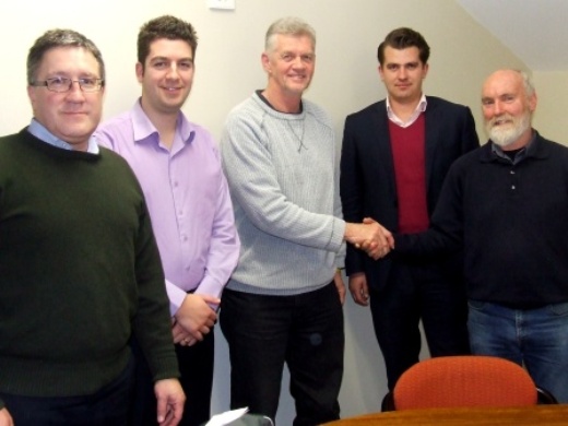 Moonee Valley's new coach, Rex Bennett (centre) is welcomed back by committee members (from left) Peter Golding, Stephen Tassos, Jesse Nankivell-Sandor and Allan Cumming.