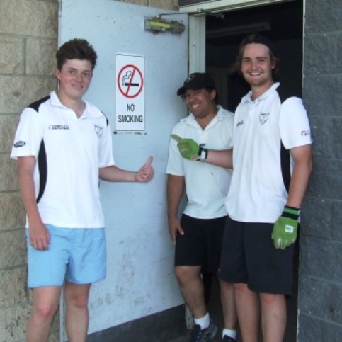 Ensuring the message banning smoking in the clubrooms is well and truly understood: L-R Daniel Comande, Jacob de Niese and Mitchell Evans.