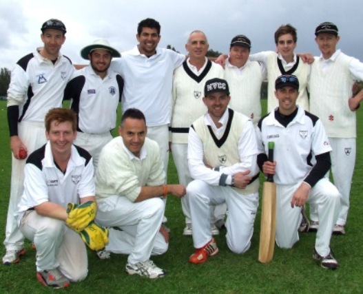 The Valley team which braved the elements for the 2014 season opener. Back: L-R Ben Thomas, Gaurav Malhotra, Kern Kapoor, Neil King, Mark Gauci, Anthony Cafari and Craig Pridham. Front: Bede Gannon, Sam Carbone, Matt Thomas and skipper Michael Ozbun.