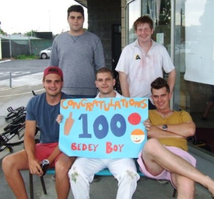 Celebrating Bede Gannon's 100th game - with his own banner!