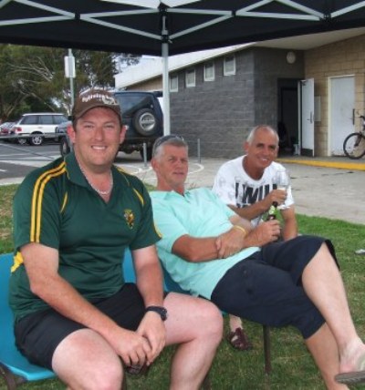 Enjoying the shade of our marquee, donated by Toyota: L-R: Peter Whebell, in his last outing at Moonee Valley before heading overseas for a year; coach Rex Bennett and Neil King.