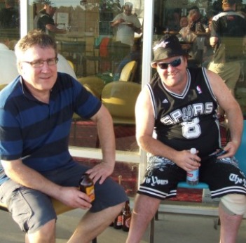 Ginger beer and water: Peter Golding (left) and James Holt wind back outside our pavilion.