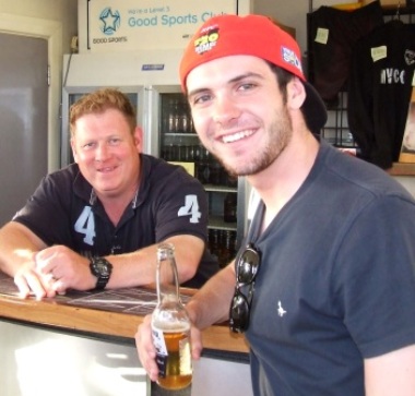 Enjoying his last taste of Aussie beer before returning to England: Daniel Waldron (right) reminisces with Simon Thornton after his short two-game stay at the Valley.