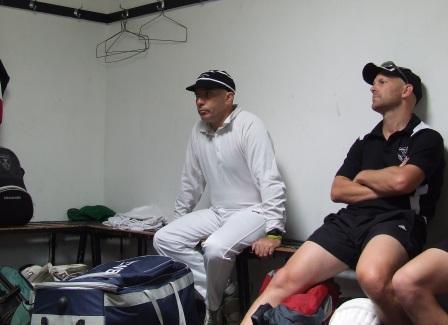 The old and the new - 300-gamer John Talone (left) in the rooms before the game with first-year Moonee Valley player Troy Eden.