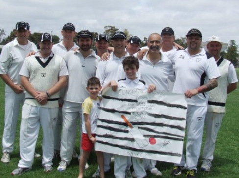 The team and the banner - and the boys didn't left John and Joe down. Max and Luke Talone hold the banner for their dad, flanked by the team. (From left) Brett Curran, Peter O'Kane, Michael Harvey, Dino Sapuppo, Dean Jukic, John Talone, Mark Gauci, Joe Ansaldo, Darren Nagle, Sandro Capocchi and Sean O'Kane.