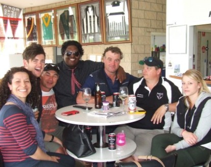 Celebrating a winner: L-R Agatha Soccio, Chris Pollock, Dean Jukic, Channa DeSilva, Sean O'Kane and coach Mark Gauci with daughter Brooke.