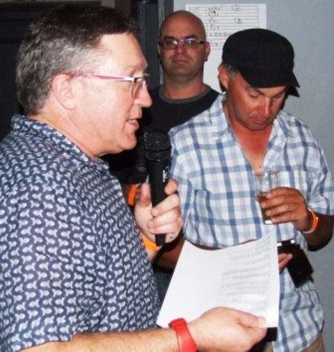 Reading the votes: Peter Golding (left) and Dean Jukic call the votes for the Thirds, while Michael Cumbo looks on like an enforcer.