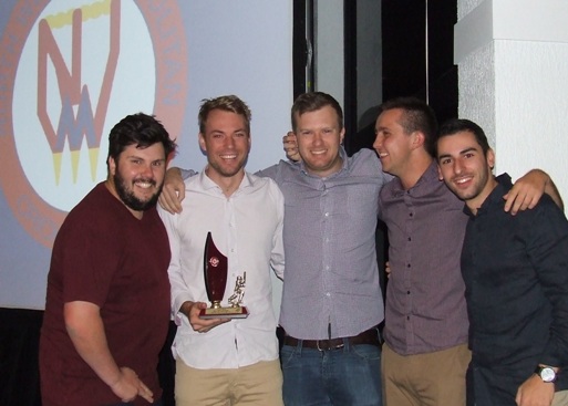 The Sixths celebrate Liam's award: L-R Shane Chalmers, Liam Shaw, Justin Trowell, Paddy Shelton and Samuel Fontana.
