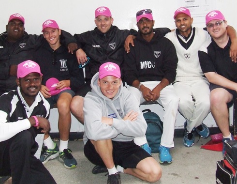 Some of our First Eleven players proudly show off the pink caps they wore during the match. L-R: Back - Channa DeSilva, Jack Newman, Matt Thomas, Chanaka Silva, Rajan Aiyappan and Dean Coxall. Front - Nadeera Thuppahi and Daniel Comande. 