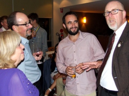 Kev has an attentive audience: L-R Sandra and Alan Thomas, Murray Walker and Kevin Gardiner.