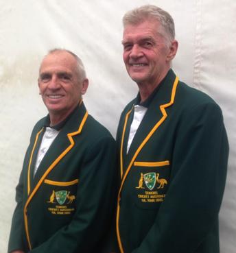 Neil King (left) and Rex Bennett in their Australian uniforms for the national Over 60s tour of England.