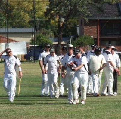 Daniel Phillips (left) finally has his Premiership stump. Coming off with (from left) Tom King, Jim Polonidis, Ben Thomas, Rex Bennett, Peter Golding, Jack Newman, Channa DeSilva, Simon Thornton and umpire Brian Lazzaro.