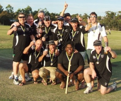 Hallowed ground: The victorious team assembles on the pitch where they won the flag. L-R: Back - Daniel Phillips, Simon Thornton, Rex Bennett, Adam Patchell, Michael Ozbun, Jack Newman, Ben Thomas and Tom King. Front - Lou Raffaele, Jim Polonidis, Channa DeSilva and Peter Golding.