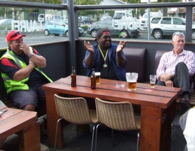 Relax! All the  hard work's been done. Sixths premiership captain Mark Gauci (left) relaxes with Seconds premiership stars Channa DeSilva and Rex Bennett.