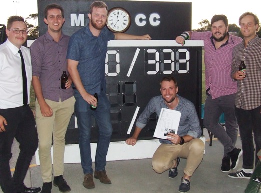 Liam Shaw holds the page in Moonee Valley's Wisden where he will stand alone with three consecutive centuries - 333 runs without losing his wicket - with teammates (from left) Nick Brelis, Paddy Shelton, Justin Trowell, Shane Chalmers and Charlie Jackson.