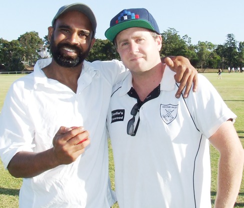 Hat-trick taker Sunny Singh (left) with Thirds captain Ed Rayner and his hat-trick ball.