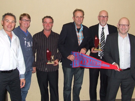 The Valley Sixths with their premiership flag at the North West presentation night: L-R Dean Jukic, Dean Lawson, Sean O'Kane, Brett Curran, Kevin Gardiner and Paul Hobbs.