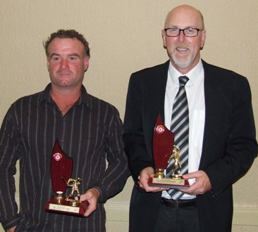 Batting maestro Sean O'Kane (left) and bowling supremo Kevin Gardiner with their competition trophies.