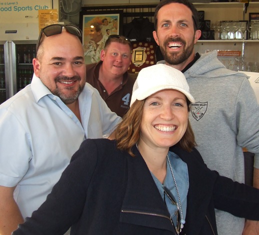 Festive! (From left) James Harris, Simon Thornton and Michael Ozbun with girlfriend Lisa Morgan.