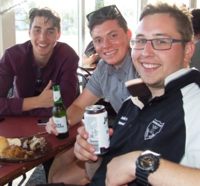 After the show: (L-R) Stephen Esmore and Dan Comande share a laugh with Nick Brelis, who played in the Fourths win.