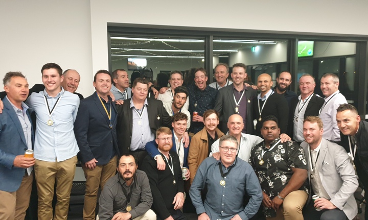 The Premiership players/Team of the Decade winners: All here! L-R: Back - Dean Jukic, Jack Newman, Ian Denny, Kane Harding, Jim Polonidis, Mark Gauci, Craig Pridham (dressed as Batwoman), Daniel Phillips, Jesse Felle, Ben Thomas, Brett Curran, Matt Thomas, Raj Aiyappan, Murray Walker, Sean O'Kane, Geoff McKeown. Front - Danny Terzini, Dean Lawson, Dan Comande, Bede Gannon, Peter Golding, Lou Raffaele, Channa DeSilva, Liam Shaw and Sam Carbone.