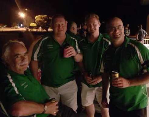 No sunrise in evidence here: L-R on the balcony at the Barooga Cricket Club are Charlie Walker, Simon Thornton, Sean Duckworth and Michael Cumbo.