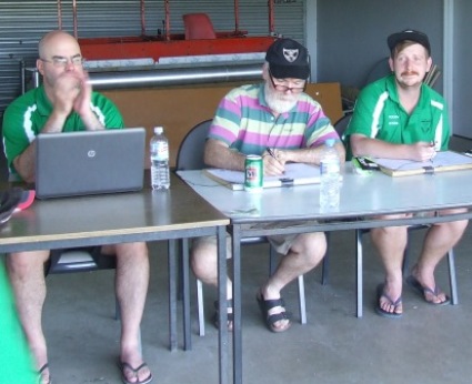 The back-room support: Michael Cumbo runs the electronic scoreboard, while Allan Cumming (centre) and Bede Gannon score the match.