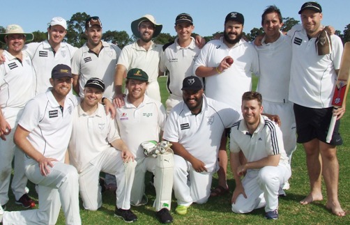 Shane Chalmers with the ball and Liam Shaw with the bat after their personal milestones. L-R: Back - Ryan Chirgwin, Justin Trowell, Liam Farrell, Cassidy Box, Jesse Nankivell-Sandor, Shane Chalmers, Paddy Shelton, Liam Shaw. Front - Jarrad Sims, Dom Rettino, Sam Kater, Manu Poulose and Samuel Gunther.