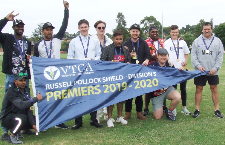 Our First Eleven premiers! L-R Sameera Vithana (front), Nadeera Thuppahi, Shiwantha Kumara, Jack Newman, Anthony Cafari, Sumit Anand, Bede Gannon, Channa DeSilva, Sam Walker (front), Daniel Comande and coach Tony Gleeson.