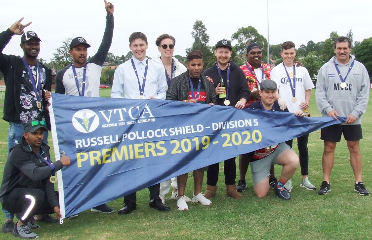 Moonee Valley celebrates on our home pitch after being officially declared the 2019/20 Premier. L-R Sameera Vithana (front), Nadeera Thuppahi, Shiwantha Kumara, Jack Newman, Anthony Cafari, Sumit Anand, Bede Gannon, Channa DeSilva, Sam Walker (front), Daniel Comande and coach Tony Gleeson.