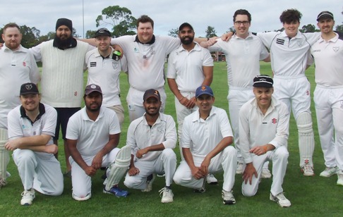 Smiling but determined pre-game: L-R. Back - Sam Coventry-Poole, Manu Singh, Dominic Rettino, Andreas Skiotis, Sunny Singh, Ben Skok, Tom Morrissy and Paul Bannister. Front - Mick Bannister, Pavan Menugonda, Jay Patel, Prashant Hirani and Sam Carbone.