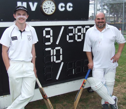 Celebrating their maiden Moonee Valley centuries - Charles Bibby (left) and James Harris.