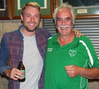 Liam Shaw (left) celebrates with Club president - and some-time team-mate - Charlie Walker.