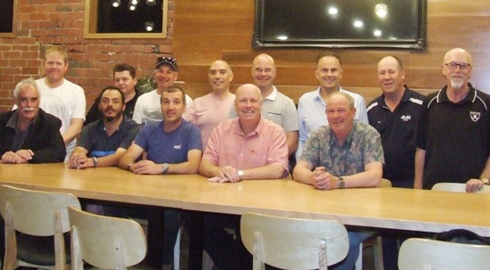 Life Members gather at the Moonee Ponds Club. L-R: Back - Darren Nagle, Mark Gauci, Dean Jukic, John Talone, Michael Cumbo, Bill Nagel, Ian Denny and Kevin Gardiner. Front - Charlie Walker, Danny Terzini, Jim Polonidis, Warwick Nolan and Greg Peters.