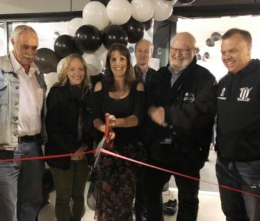 Cutting the ribbon: L-R Cricket president Charlie Walker, Cr Samantha Byrne, Mayor Narelle Sharpe, CEO Bryan Lancaster, Cr Jim Cusack and football president Jason Helwig.