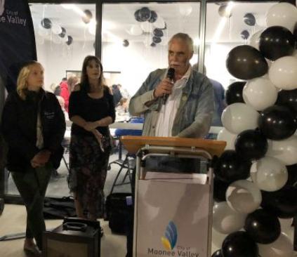 President Charlie Walker, who represented the cricket club in the design and development of our new pavilion, tells the crowd what it means to us all. He's watched by Cr Samantha Byrne (left) and Mayor Narelle Sharpe.