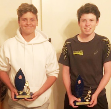 Our junior comp award winners: Harry Pickering (left) with the Under 14 (1) runner-up bowling award, and Noah Wallwork with his Under 16 batting award