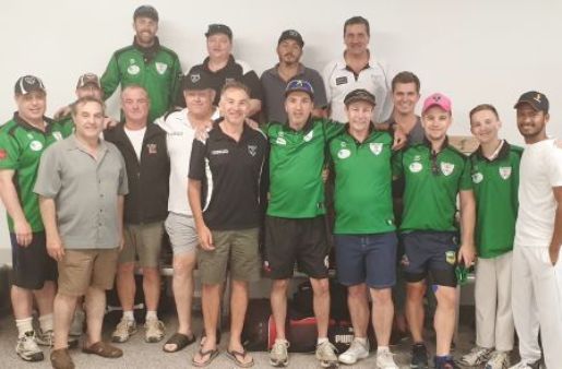 Teammates and clubmates gather with Jim in the rooms before the game. L-R: Back - Michael Ozbun, Mark Gauci, Danny Terzini and Tony Gleeson. Front - Daniel Phillips, Dean Lawson, Bob Sciacchitano, Sean O'Kane, Darren Nagle, Dean Jukic, Jim Polonidis, Geoff McKeown, Jesse Nankivell-Sandor, Stephen Ward, Joshua Norsetter and Jaykumar Patel.