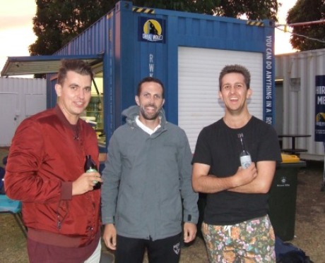 The flap's up, so the Blue Bar is open for business. Buying in are (L-R) Jesse Nankivell-Sandor, Michael Ozbun and Paddy Shelton.