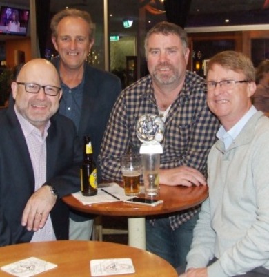 Dean Lawson (far right) got awarded for 4000 runs, and celebrates with past teammates (from left) Paul Hobbs, Brett Curran and Norm Wright.