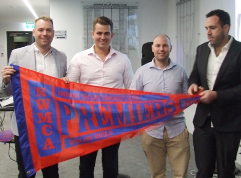 A bigger, belated flag for the Fifths to celebrate their 2019/20 Premiership: L-R Liam Shaw, Jesse Nankivell-Sandor, Dom Rettino and Liam Farrell.
