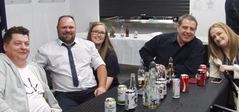 The "quiet table" - L-R Mark Gauci, coach Glen Courts and Tess, and new Life Member Daniel Phillips and Leanne.